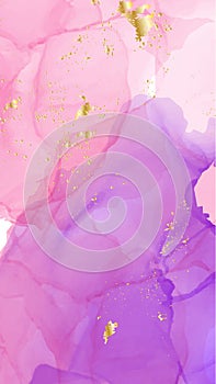 Vector watercolor repetition liquid flow in pink violetlue colors with gold glitters. Vector contrast alcohol ink grunge abstract