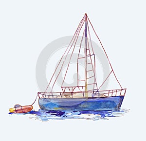 Vector watercolor sailboat with dinghy isolated on white. Seascape scene in sketch style