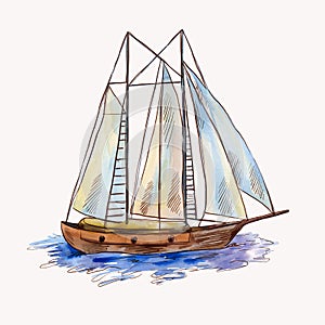 Vector watercolor sailing ship isolated on white. Seascape scene in sketch style