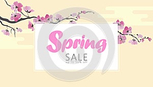 Vector watercolor sakura blossom spring sale banner template. Pink flower branch promotional poster web shop online