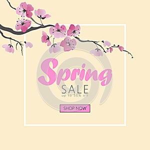 Vector watercolor sakura blossom spring sale banner template. Pink flower branch promotional poster web shop online