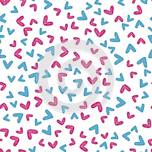 Vector watercolor seamless pattern with blue and pink hearts, cute love texture on white background