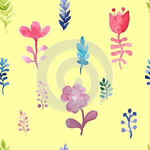 Vector watercolor seamless pattern with flowers and plants. On a yellow background. Floral decor. Original watercolor floral backg