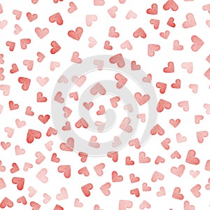 Vector watercolor seamless pattern with pink hearts, cute love texture on white background