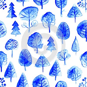 Vector watercolor seamless trees pattern. Forest surface background