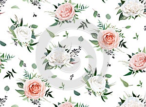 Vector watercolor style floral bouquet seamless pattern on white background. Blush peach, dusty pink, ivory Rose flowers,