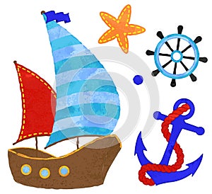 Vector Watercolor Style Nautical Anchor with Rope, Wheel, Ship