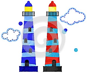 Vector Watercolor Style Nautical Lighthouses and Clouds photo