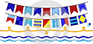 Vector Watercolor Style Nautical Rope, Waves and Bunting