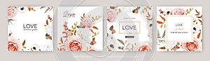 Vector watercolor style wedding invite, greeting card, banner template design set. Elegant blush peach, pink Roses, ivory white