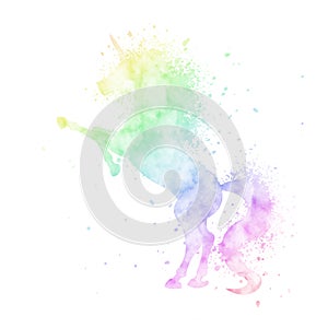 Vector watercolor unicorn silhouette painting with splash texture isolated on white background. Cute magic creature