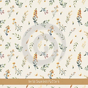 Vector watercolor vintage seamless floral pattern. Wild Herbs and wild flowers