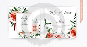 Vector watercolor wedding floral invite, invitation design: blush peach, ivory white roses, pale coral Juliette flowers, burgundy