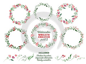 Vector watercolor wreaths and separate floral