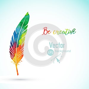 Vector watercolor writing feather. Colorful vector feather. Watercolor silhouette of feather.