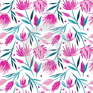 Vector watercolour floral seamless pattern, delicate flowers, green, turquoise and pink flowers