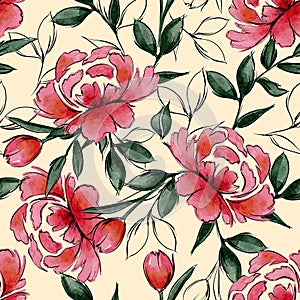 Vector watercolour red blooming floral seamless pattern, line sketch ,delicate flowers, green leaves, Design for fashion , fabric