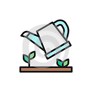 Vector watering plants, watering can flat color line icon.