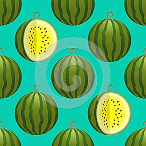 Vector watermelon seamless pattern. Whole and cutted watermelon on turquoise background. Colorful vector illustration gradient