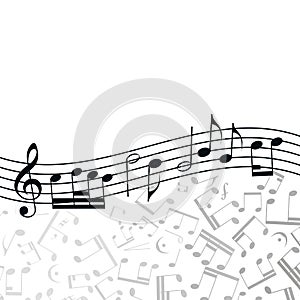 Vector wave music background: melody, notes, key.