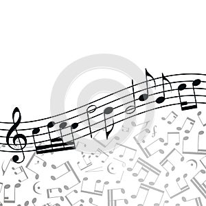 Vector wave music background: melody, notes, key.