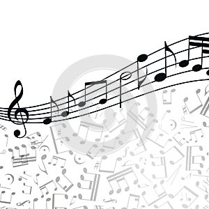 Vector wave music background: melody, notes, key.