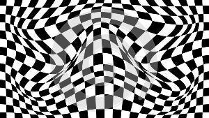 Vector wave with optical illusion with black and white cube. Abstract geometric chess pattern. Psychedelic texture. Op art with