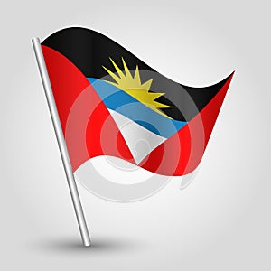 Vector waving triangle antiguan barbudan flag on slanted silver pole - symbol of antigua and barbuda with metal stick