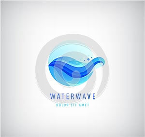 Vector wavy blue logo, water wave 3d gradient icon. Ocean