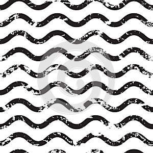 Vector wavy line grunge seamless pattern. Abstract black and white old texture background photo