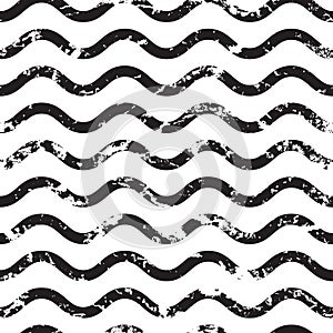 Vector wavy line grunge seamless pattern. Abstract black and white old texture background