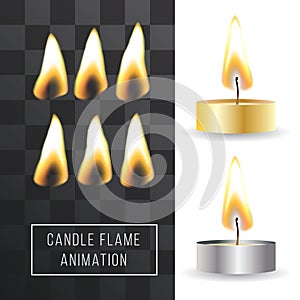 Vector wax candle flame animation on transparent background. Fire light effect.