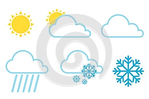 Vector weather forecast icons. Weather icons set color simple flat symbols isolated on white background. Vector illustration