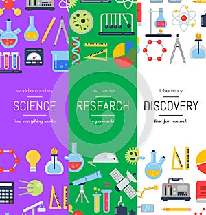 Vector web banner templates with flat style science icons