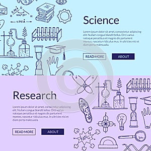 Vector web banner templates with hand drawn science elements