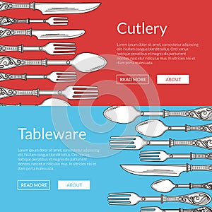 Vector web banners illustration with hand drawn tableware