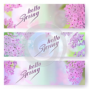 Vector web banners with purple, pink, blue and white lilac flowers. Horizontal banner
