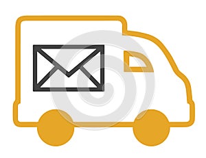 Vector web icon of a post package delivery truck with yelow outlines and black letter symbol