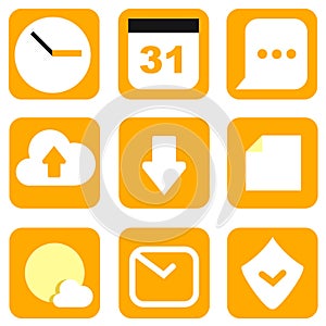 Vector web icons isolated set in flat minimalistic style. Clocks, calendar, downloads, files, messages, cloud in orange and white