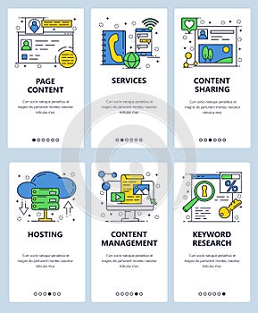 Vector web linear art onboarding screens template. Website internet hosting and content management. Menu banners for