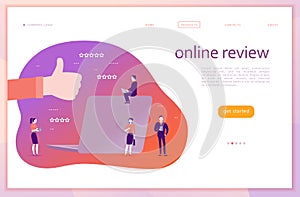 Vector web page concept design with online review theme. Office people with gadgets - laptop, tablet, smartphone.