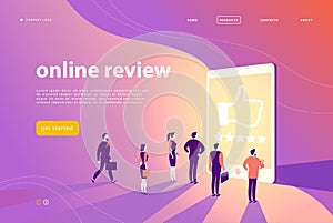 Vector web page concept design with online review theme - office people stand at big digital tablet watch shining screen with five
