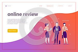 Vector web page concept design with online review theme. Office people stand watching on mobile device screen - laptop, tablet, sm