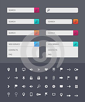 Vector web search bar design templates on dark background. Set of icons in colorful bars or for graphic user interface