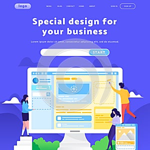 Vector web site design template. Business team building site wireframe. Landing page concepts for website mobile