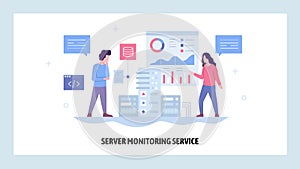 Vector web site design template. Data center server monitoring system. Network and computer performance chart. Landing