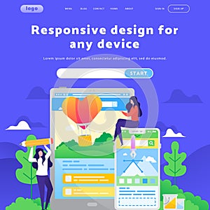 Vector web site design template. Female creative team build new site. Landing page concepts for website mobile