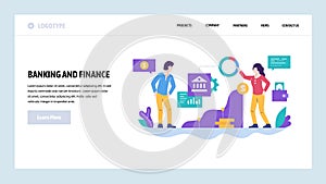 Vector web site design template. Finance and business strategy, bank investment, money. Landing page concepts for