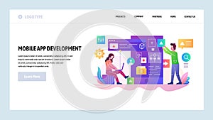 Vector web site design template. Mobile app development team, programmer build a software code. Landing page concepts