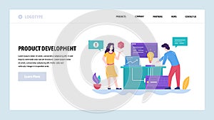 Vector web site design template. New product development, creatice idea. Team work in office. Landing page concepts for